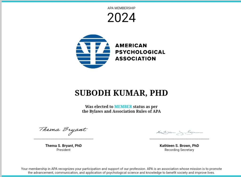 APA Membership Certificate Awarded to Dr Subodh Kumar