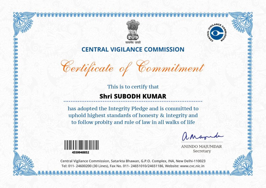 Certificate of Commitment Awarded to Dr Subodh Kumar by CVC