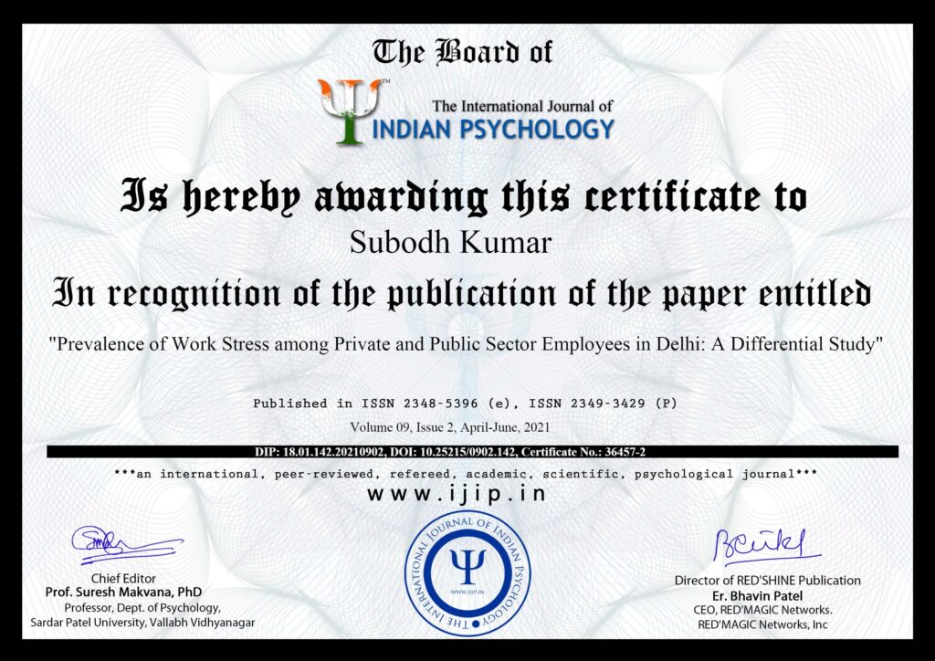 Certificate awarded to Dr Subodh Kumar for publishing research article