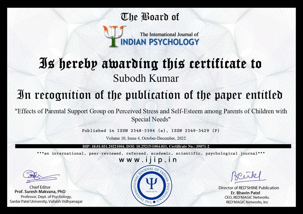 Certificate awarded to Dr Subodh Kumar for publishing research article