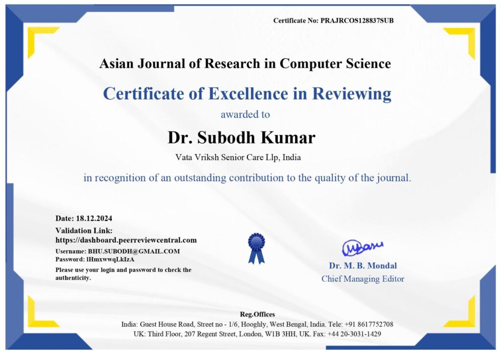 Certificate of Excellence in Reviewing awarded to Dr Subodh Kumar