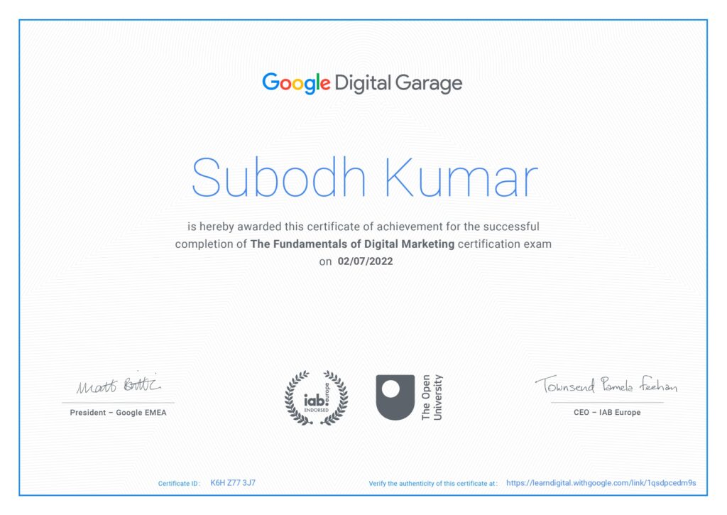 Dr Subodh Kumar Received Digital Garage Certificate by Google for Completing Digital Marketing Course