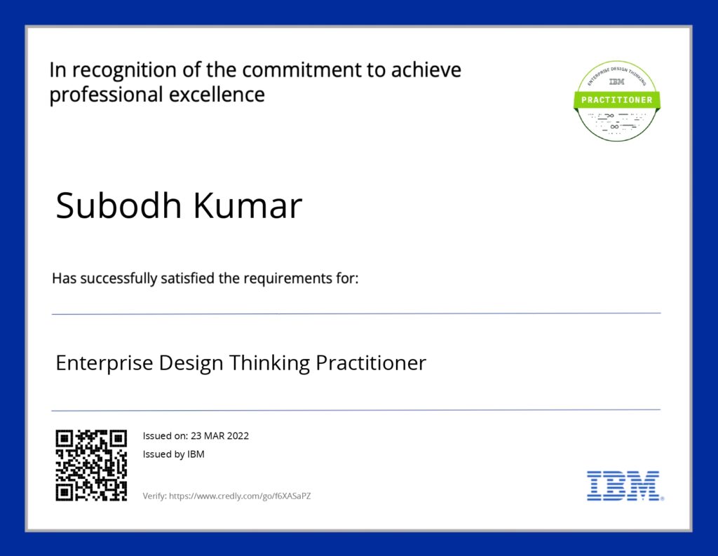 Enterprise Design Thinking Practitioner Badge by IBM to Dr Subodh Kumar