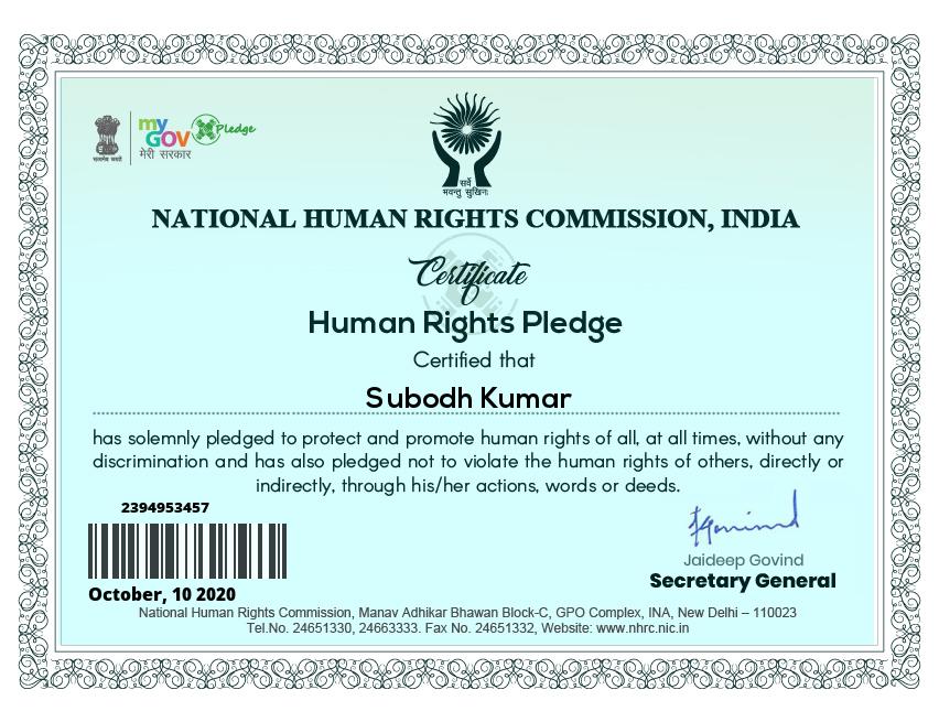 Human Rights Pledge Certificate Awarded to Dr Subodh Kumar by NHRC, India